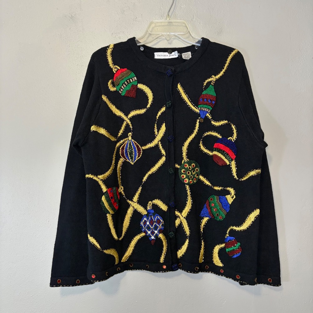 Victoria Jones Vintage Christmas Ornament Beaded Cardigan Sweater Black Large